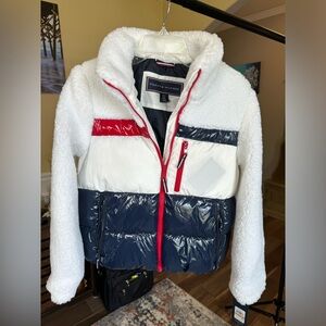 Tommy Hilfiger puffy jacket faux fur red white and blue women’s small. NWT